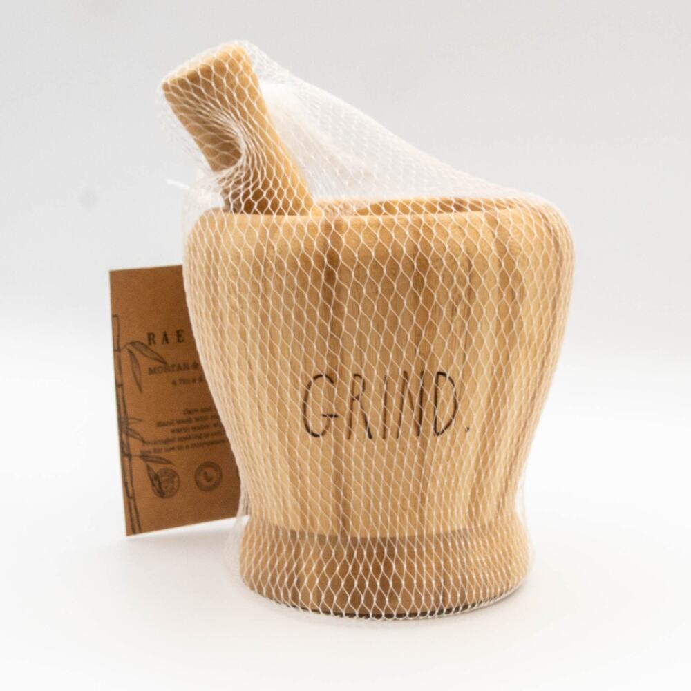 RAE DUNN Bamboo Mortar Pestle Set GRIND Farmhouse Kitchen Herb Spice Grinder NWT